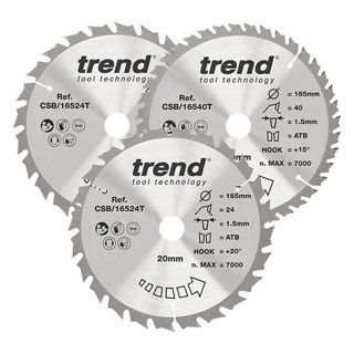 Trend Craft 165mm Diameter x 20mm x 24/40T Mixed Wood Saw Blades (3 Pack) Murdock Builders Merchants