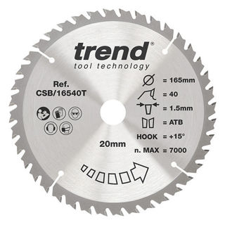 Trend Craft Thin Kerf Saw Blade 165mm Diameter x 40 Teeth x 20mm Bore x 1.5mm Kerf Murdock Builders Merchants