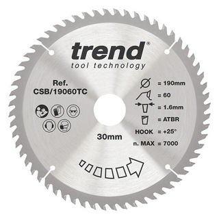 Trend Craft Thin Kerf Saw Blade 190mm Diameter x 60 Teeth x 30mm Bore x 1.6mm Kerf Murdock Builders Merchants