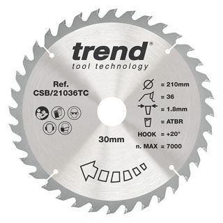 Trend Craft Thin Kerf Saw Blade 210mm Diameter x 36 Teeth x 30mm Bore x 1.8mm Kerf Murdock Builders Merchants