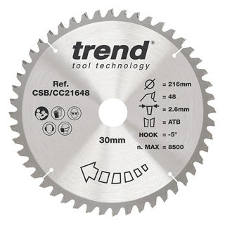 Trend Craft Crosscut Saw Blade 216mm Diameter x 48 Teeth x 30mm Bore x 2.6mm Kerf Murdock Builders Merchants