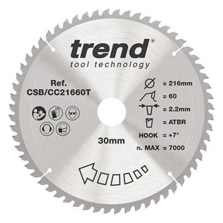 Trend Craft Crosscut Saw Blade 216mm Diameter x 60 Teeth x 30mm Bore x 2.16mm Kerf Murdock Builders Merchants
