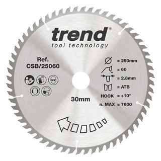 Trend Craft Trimming Crosscut Saw Blade 250mm Diameter x 60 Teeth x 30mm Bore x 3mm Kerf Murdock Builders Merchants