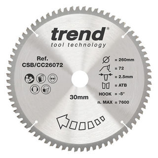 Trend Craft Crosscut Saw Blade 260mm Diameter x 72 Teeth x 30mm Bore x 2.6mm Kerf Murdock Builders Merchants